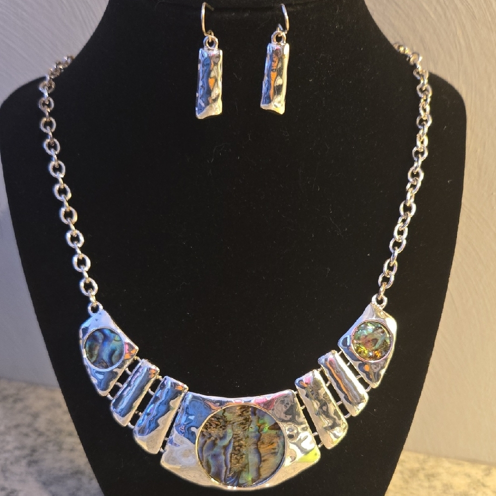 Abalone Shell Statement Necklace & Earring Set – Iridescent Coastal Jewelry